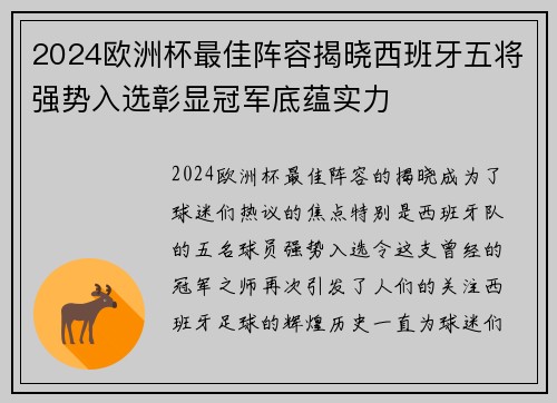 2024欧洲杯最佳阵容揭晓西班牙五将强势入选彰显冠军底蕴实力